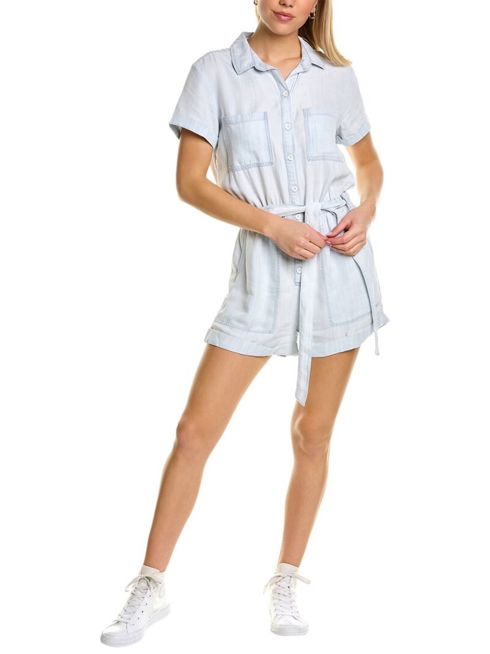 NWT Bella Dahl rolled hem utility romper, belted jumper, light blue, small